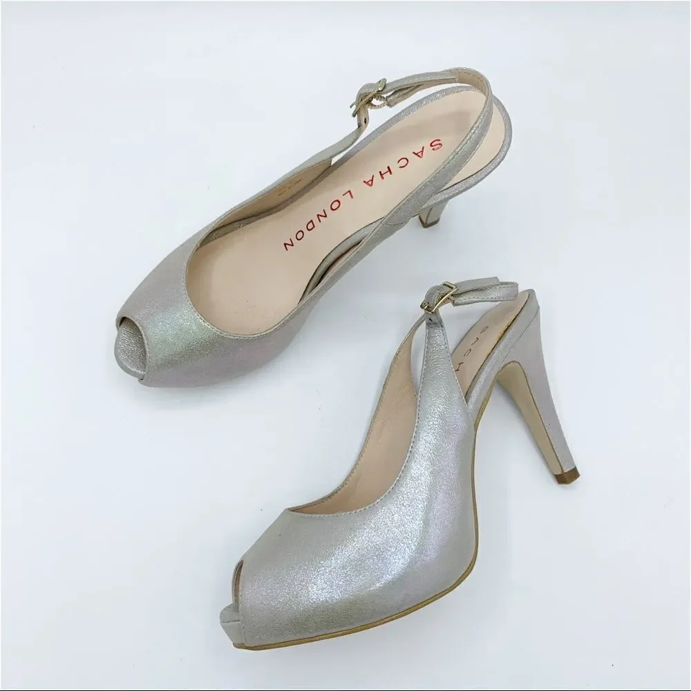 Lulu Townsend‎ Tara Iridescent Silver Sling Back Peep Toe Platform Evening Heels